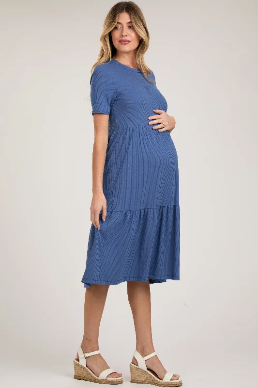 Blue Ribbed Tiered Maternity Midi Dress