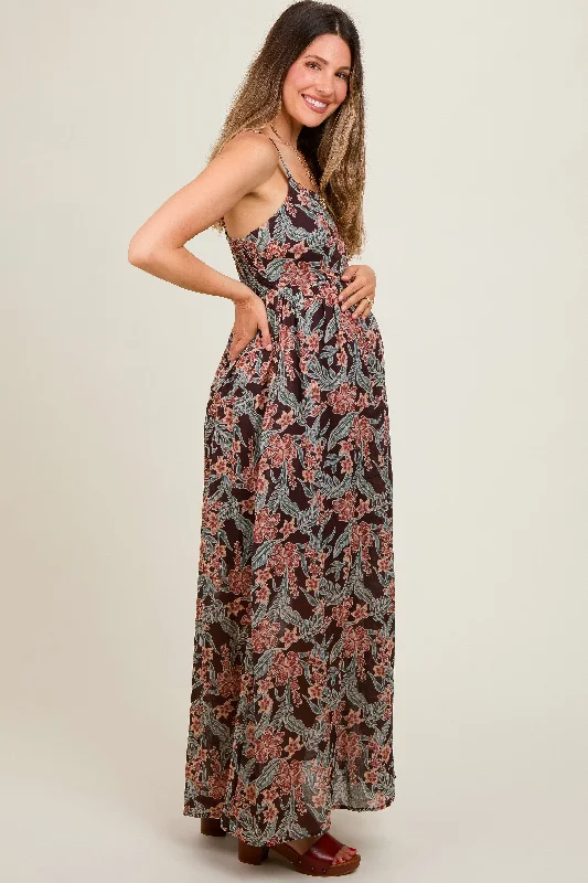 Brown Floral Lightweight Sleeveless Maternity Dress