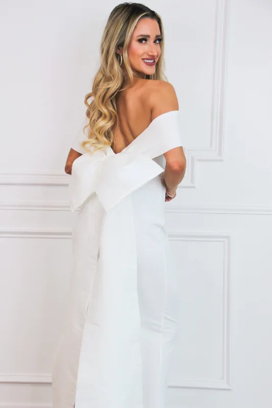 Carolina Bride Off Shoulder Bow Back Maxi Dress: White