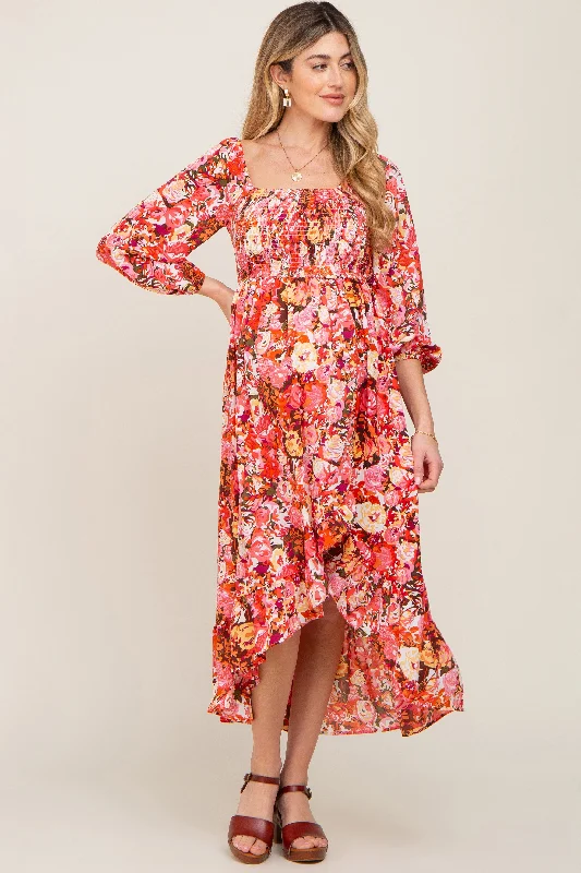 Coral Multi-Color Floral Smocked Maternity Hi-Lo Dress