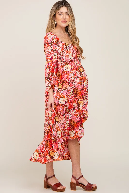 Coral Multi-Color Floral Smocked Maternity Hi-Lo Dress