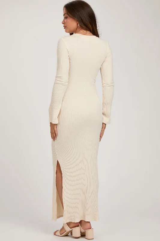 Cream Ribbed Side Slit Maternity Maxi Dress