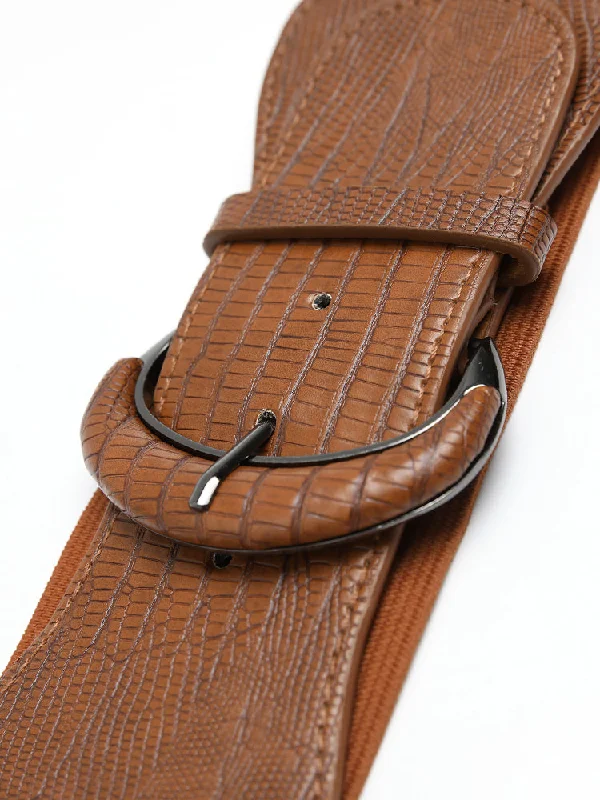 Crocodile Embossed Geo Buckle Elastic Belt