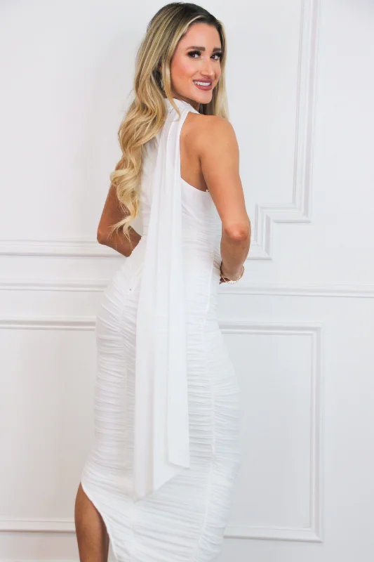 Diana Rosette High Neck Midi Dress: White