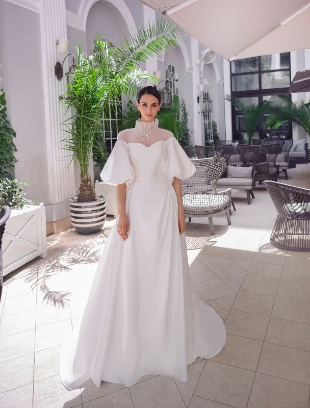 Silk Satin Elegant Wedding Gown with  3/4 Puffy Sleeves