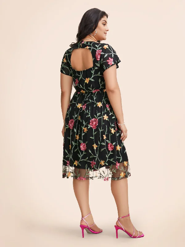 Floral Embroidered Mesh Backless Dress