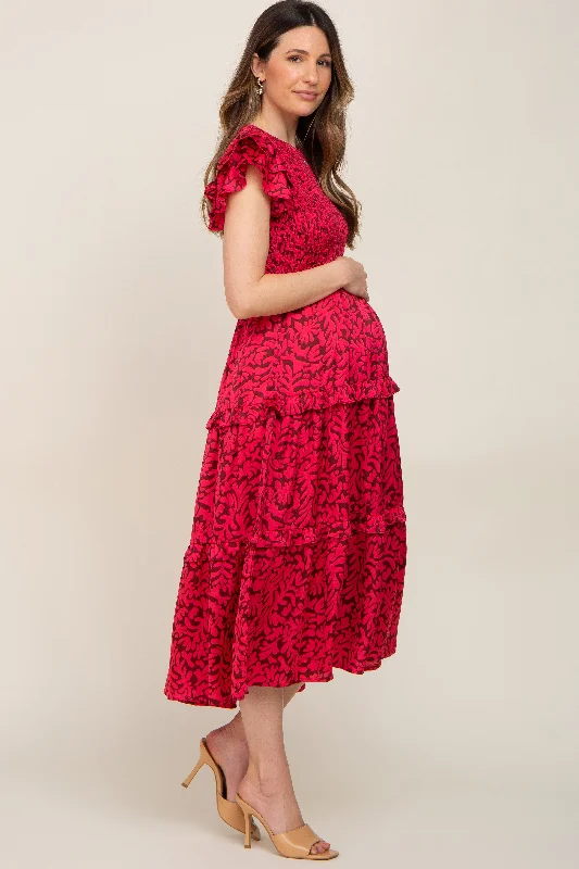 Fuchsia Print Smocked Ruffle Tiered Maternity Midi Dress