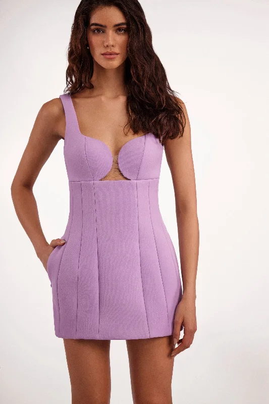 Glossy ultra mini dress in lavender with cutouts