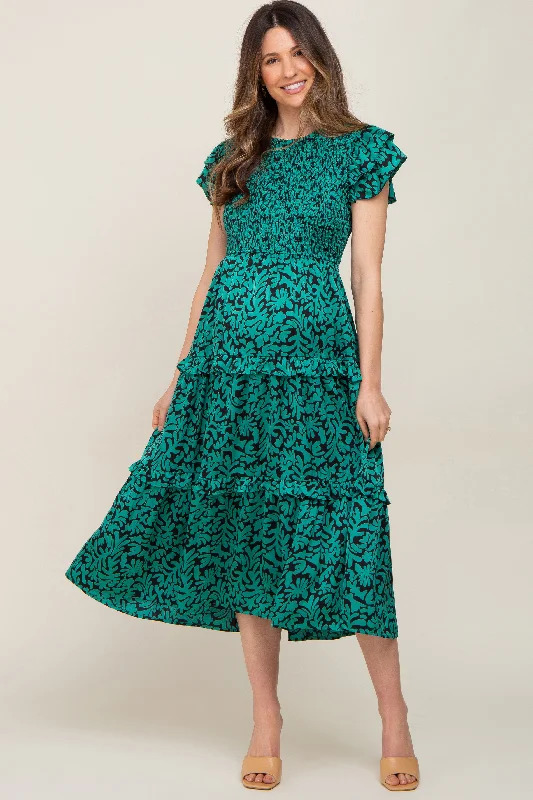 Green Print Smocked Ruffle Tiered Maternity Midi Dress