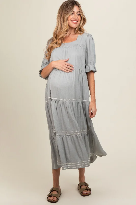 Grey Embroidered Tiered Maternity Midi Dress