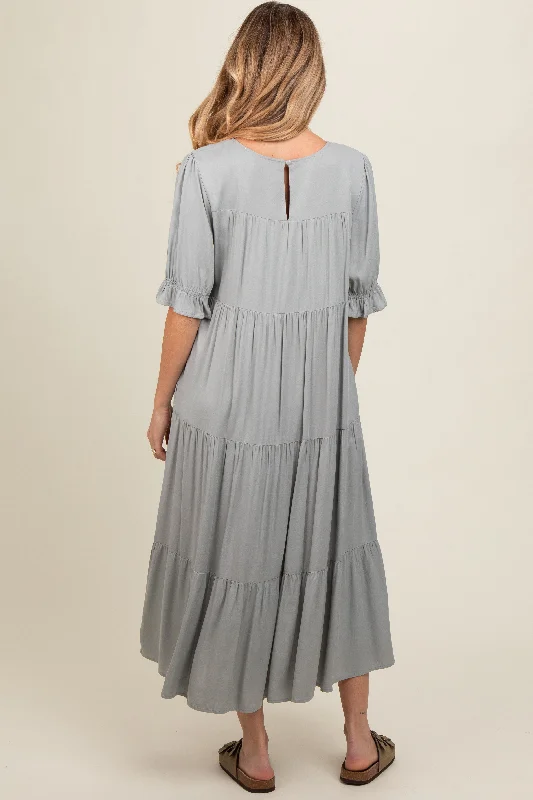 Grey Embroidered Tiered Maternity Midi Dress