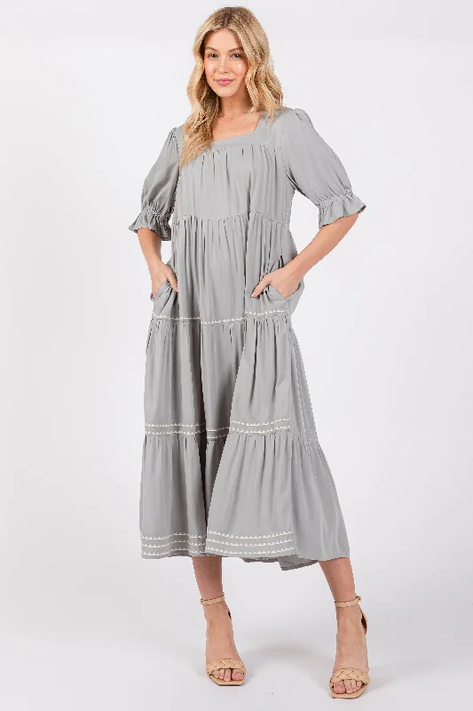 Grey Embroidered Tiered Maternity Midi Dress