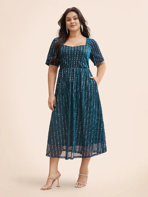 Heart Neckline Striped Glitter Textured Dress