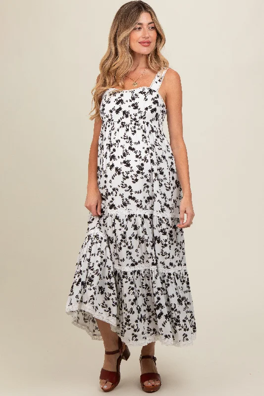 Ivory Floral Lace Trim Tiered Maternity Maxi Dress