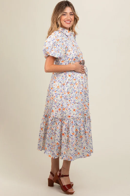 Ivory Floral Puff Sleeve Button Down Maternity Midi Dress