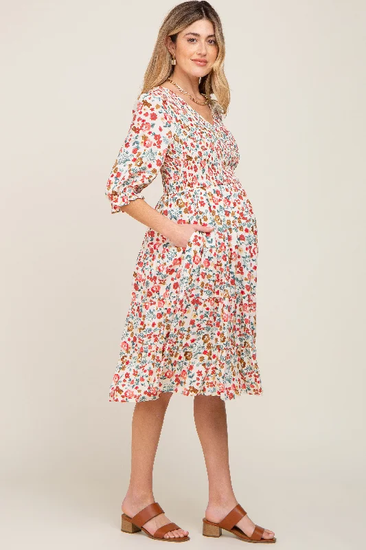 Ivory Floral Smocked Tiered Ruffle Maternity Dress