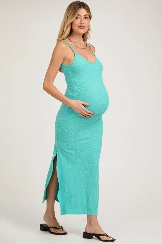 Jade Ribbed Side Slit Maternity Maxi Dress