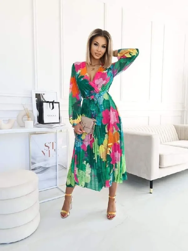 Jordie Green Floral Print Belted Midi Dress