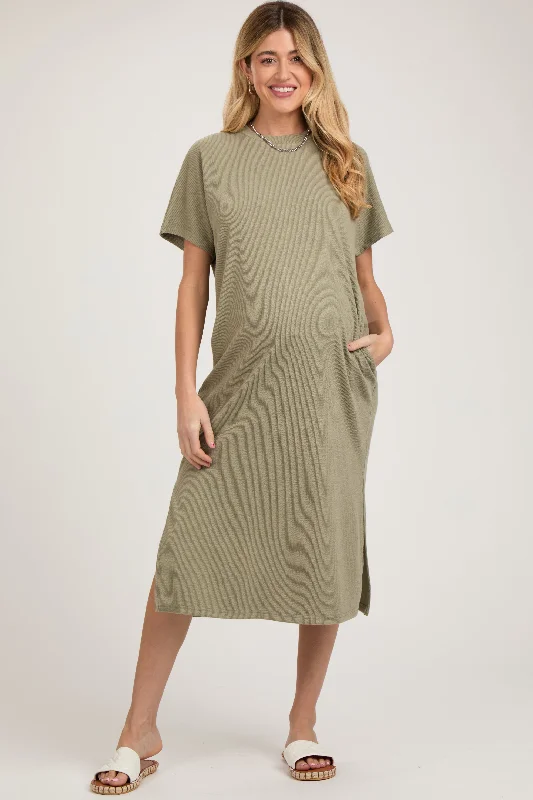 Light Olive Ribbed Short Dolman Sleeve Side Slit Maternity Midi Dress