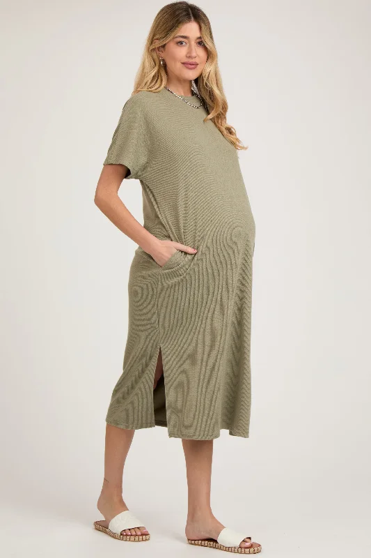 Light Olive Ribbed Short Dolman Sleeve Side Slit Maternity Midi Dress