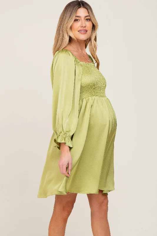 Lime Satin Smocked Square Neck Maternity Dress