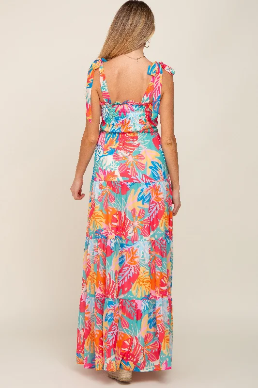 Multi Color Tropical Print Maternity Maxi Dress