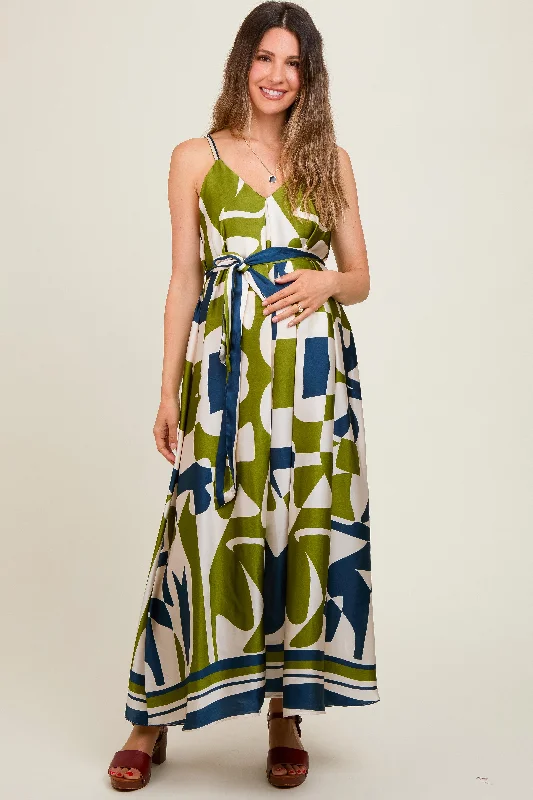 Navy Abstract Print Satin Waist Tie Maternity Dress