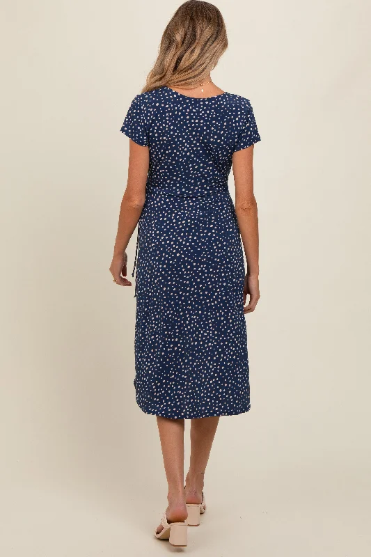 Navy Dot Print Wrap Maternity Nursing Midi Dress