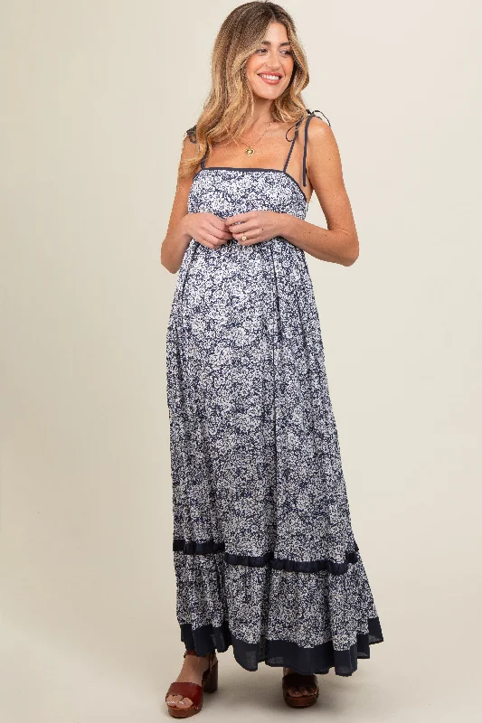 Navy Floral Shoulder Tie Maternity Maxi Dress