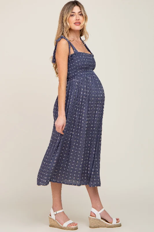 Navy Floral Sleeveless Maternity Midi Dress