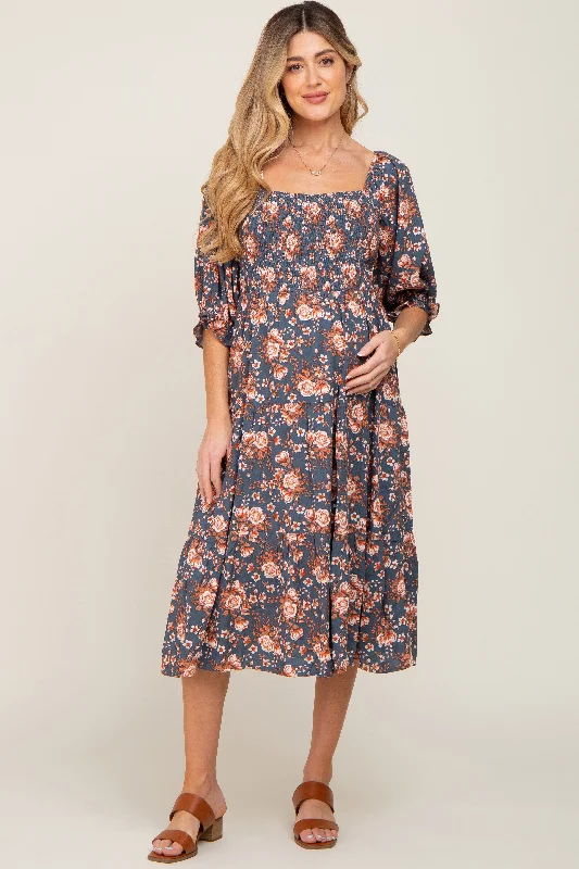 Navy Floral Smocked 3/4 Sleeve Maternity Midi Dress