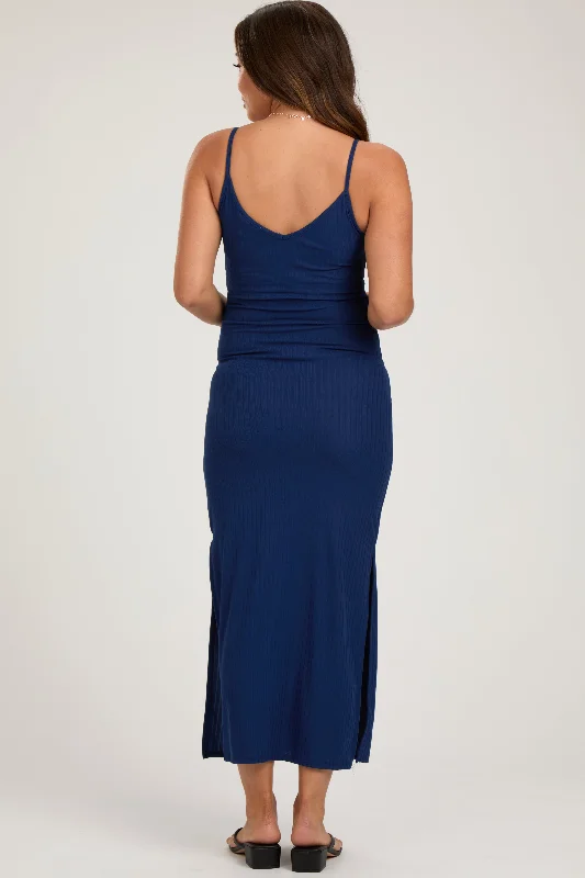 Navy Ribbed Side Slit Maternity Maxi Dress