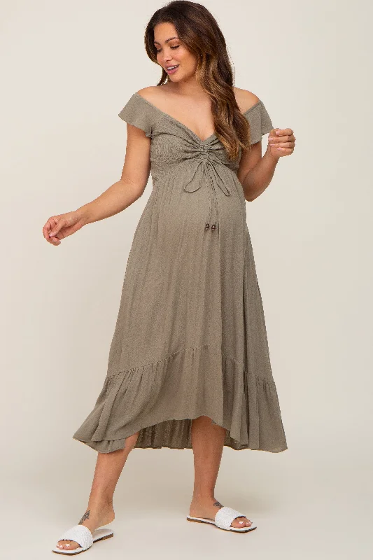 Olive Smocked Ruched Ruffle Hem Maternity Maxi Dress