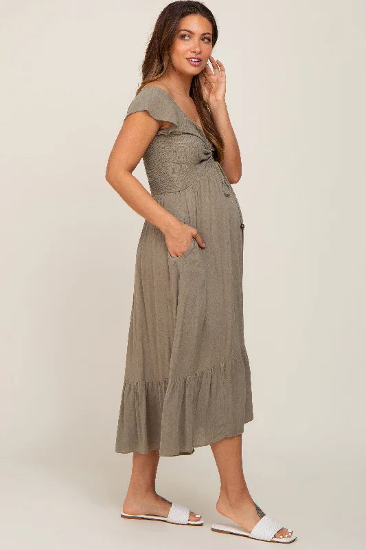 Olive Smocked Ruched Ruffle Hem Maternity Maxi Dress