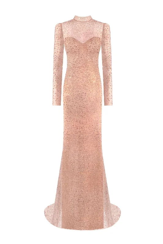 Radiant long-sleeved maxi dress in rose gold