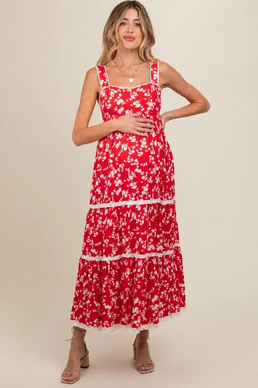 Red Floral Lace Trim Tiered Maternity Maxi Dress