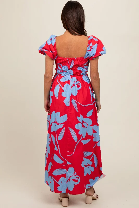 Red Floral Print Bias Smocked Bust Maternity Maxi Dress