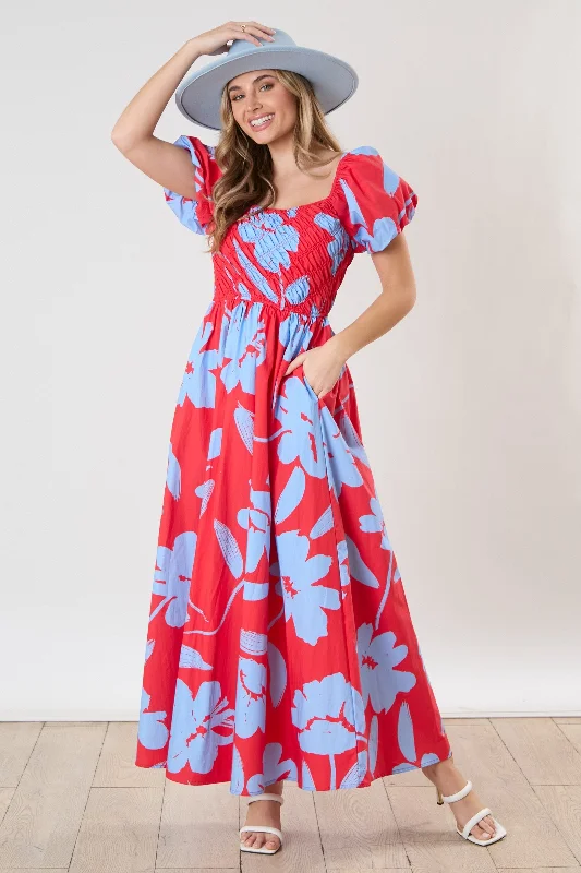 Red Floral Print Bias Smocked Bust Maternity Maxi Dress