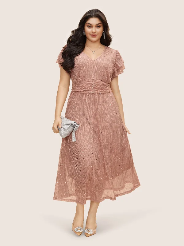 Sequin Tiered Ruffle Sleeve Button Detail Dress