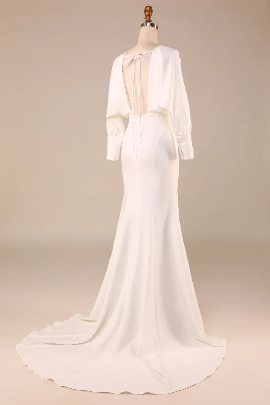 Simple Ivory Mermaid Long Sleeves Deep V-Neck Wedding Dress