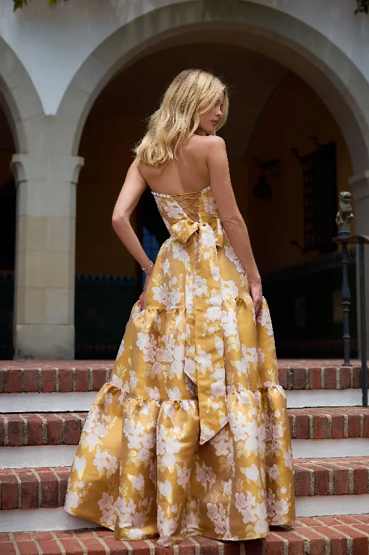 The Vivian Dress in Gold Baroque Floral