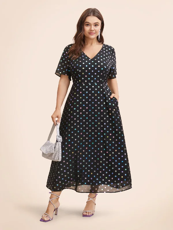 V Neck Polka Dot Glitter Ruffle Sleeve Dress