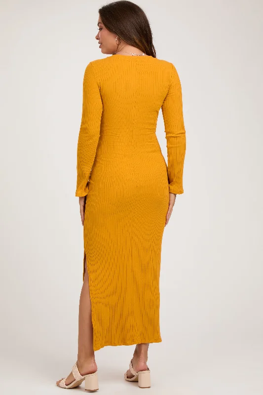 Yellow Ribbed Side Slit Maternity Maxi Dress