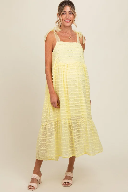 Yellow Textured Shoulder Tie Maternity Midi Dress