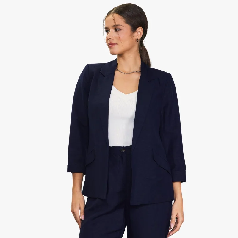 Linen Blend Three Quarter Sleeve Blazer (Navy)