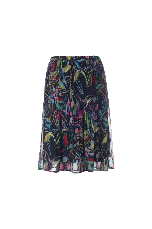 Mini Pleat printed Chiffon Skirt | Multi Navy Lurex Leaf | 8579AR