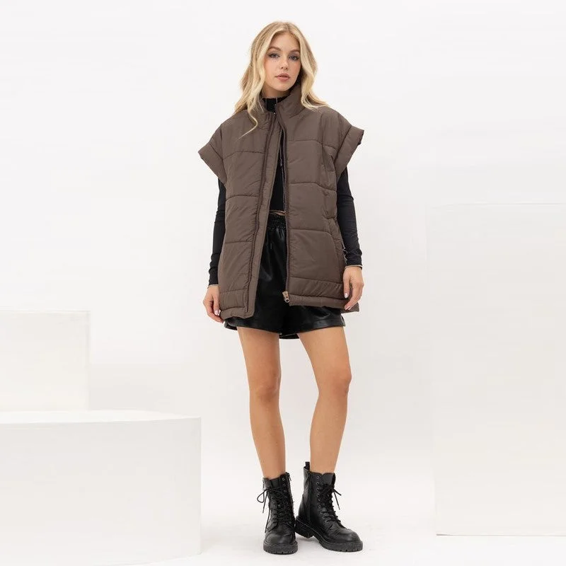 Oversized Puff Vest with Belt (Brown)