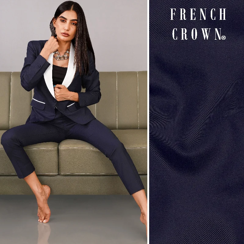 Charade Navy Blue Subtle Sheen with White Lapel Single Breasted Women's Suit