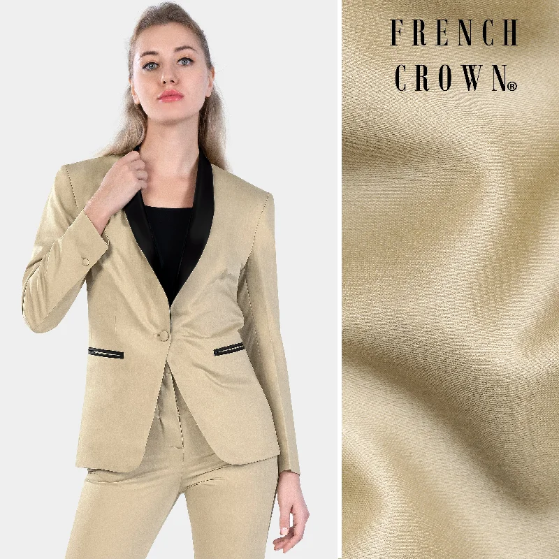 Hazelnut Cream Subtle Sheen with Black Lapel Single Breasted Women's Suit