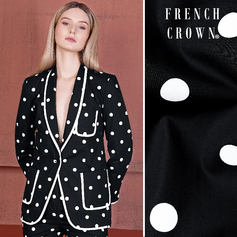 Jade Black and Bright White Polka Dotted With White Piping Work Premium Cotton Women’s Designer Blazer